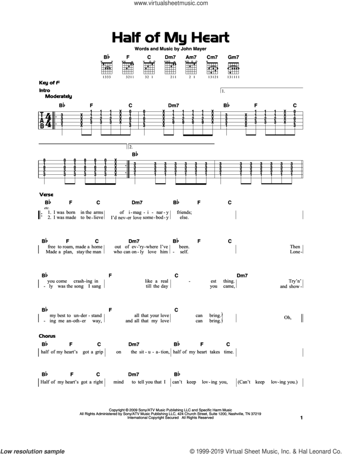 Half Of My Heart (feat. Taylor Swift) sheet music for guitar solo by John Mayer and Taylor Swift, beginner skill level