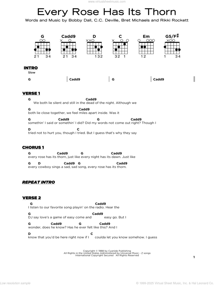 Every Rose Has Its Thorn, (beginner) sheet music for guitar solo by Poison, Bobby Dall, Bret Michaels, C.C. Deville and Rikki Rockett, beginner skill level