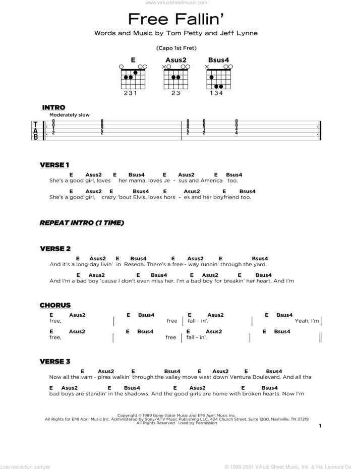Free Fallin' sheet music for guitar solo by Tom Petty and Jeff Lynne, beginner skill level