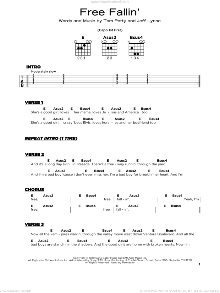 Free Fallin' sheet music for guitar solo by Tom Petty and Jeff Lynne, beginner skill level