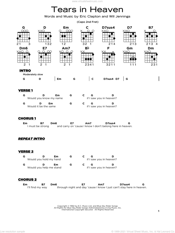 Tears In Heaven, (beginner) sheet music for guitar solo by Eric Clapton and Will Jennings, beginner skill level