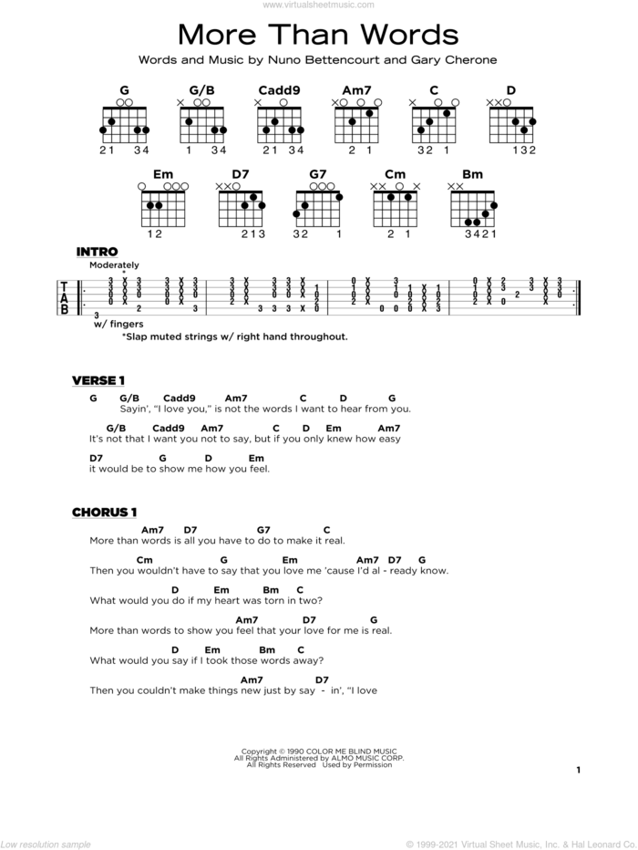 More Than Words, (beginner) sheet music for guitar solo by Extreme, Gary Cherone and Nuno Bettencourt, beginner skill level