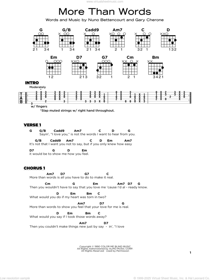 More Than Words sheet music for guitar solo by Extreme, Gary Cherone and Nuno Bettencourt, beginner skill level