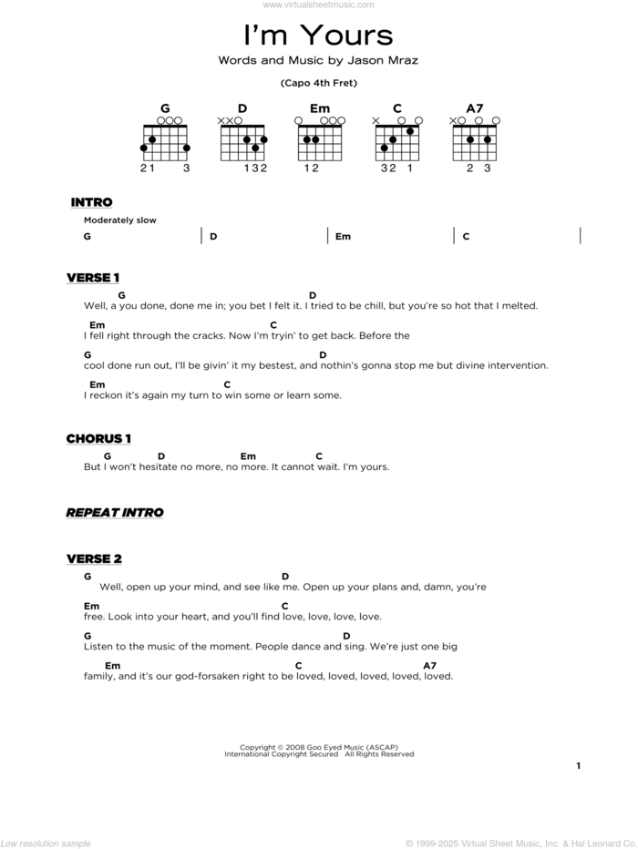 I'm Yours sheet music for guitar solo by Jason Mraz, wedding score, beginner skill level