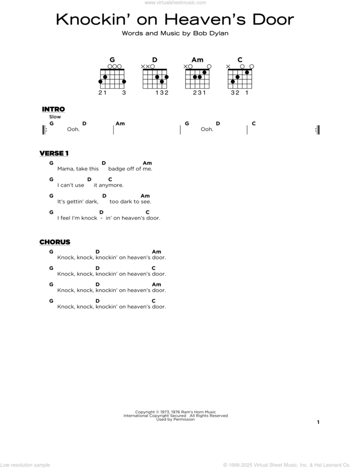 Knockin' On Heaven's Door sheet music for guitar solo by Bob Dylan, beginner skill level