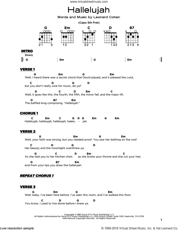 Hallelujah, (beginner) sheet music for guitar solo by Leonard Cohen, beginner skill level