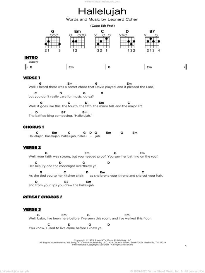 Hallelujah, (beginner) sheet music for guitar solo by Leonard Cohen, beginner skill level