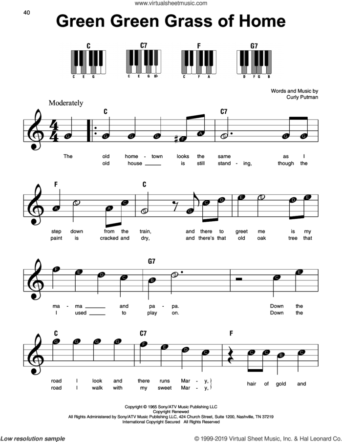 Green Green Grass Of Home sheet music for piano solo by Porter Wagoner, Elvis Presley and Curly Putman, beginner skill level