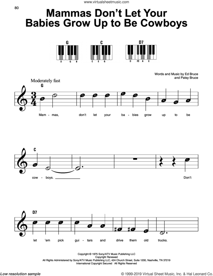 Mammas Don't Let Your Babies Grow Up To Be Cowboys sheet music for piano solo by Ed Bruce, Willie Nelson and Patsy Bruce, beginner skill level