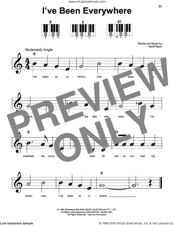 I've Been Everywhere sheet music for piano solo by Johnny Cash and Geoff Mack, beginner skill level
