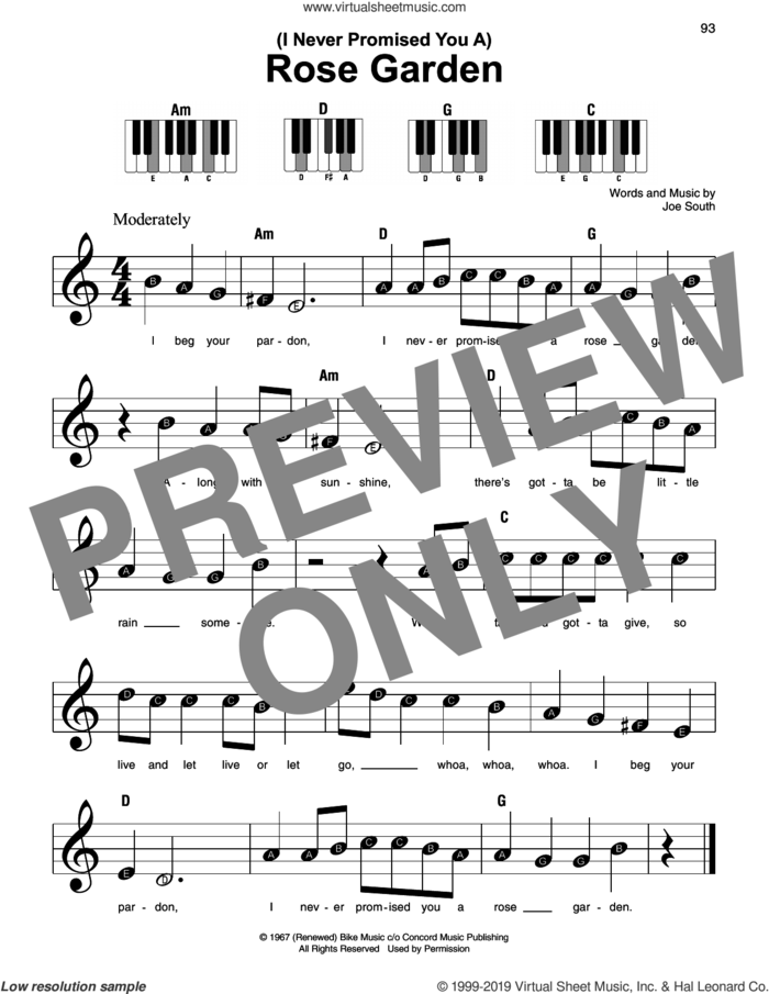 (I Never Promised You A) Rose Garden sheet music for piano solo by Martina McBride and Joe South, beginner skill level
