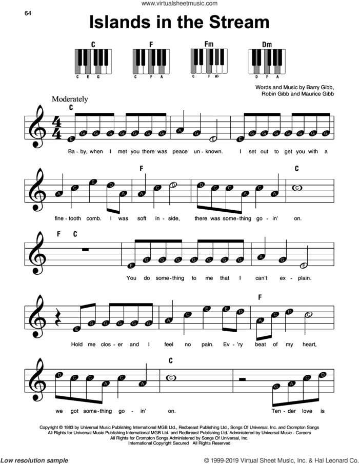 Islands In The Stream, (beginner) sheet music for piano solo by Kenny Rogers & Dolly Parton, Barry Gibb, Maurice Gibb and Robin Gibb, beginner skill level