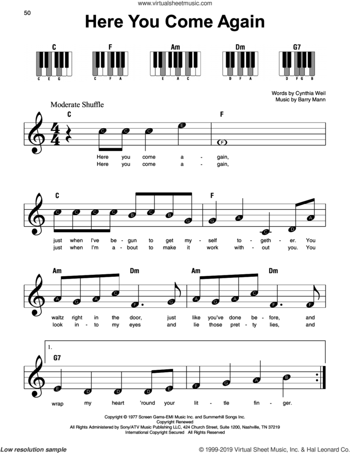 Here You Come Again sheet music for piano solo by Dolly Parton, Barry Mann and Cynthia Weil, beginner skill level