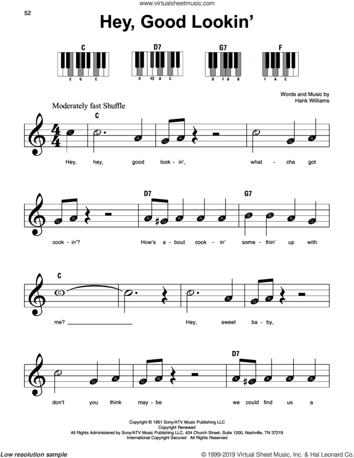 Hey, Good Lookin' sheet music for piano solo by Hank Williams, beginner skill level