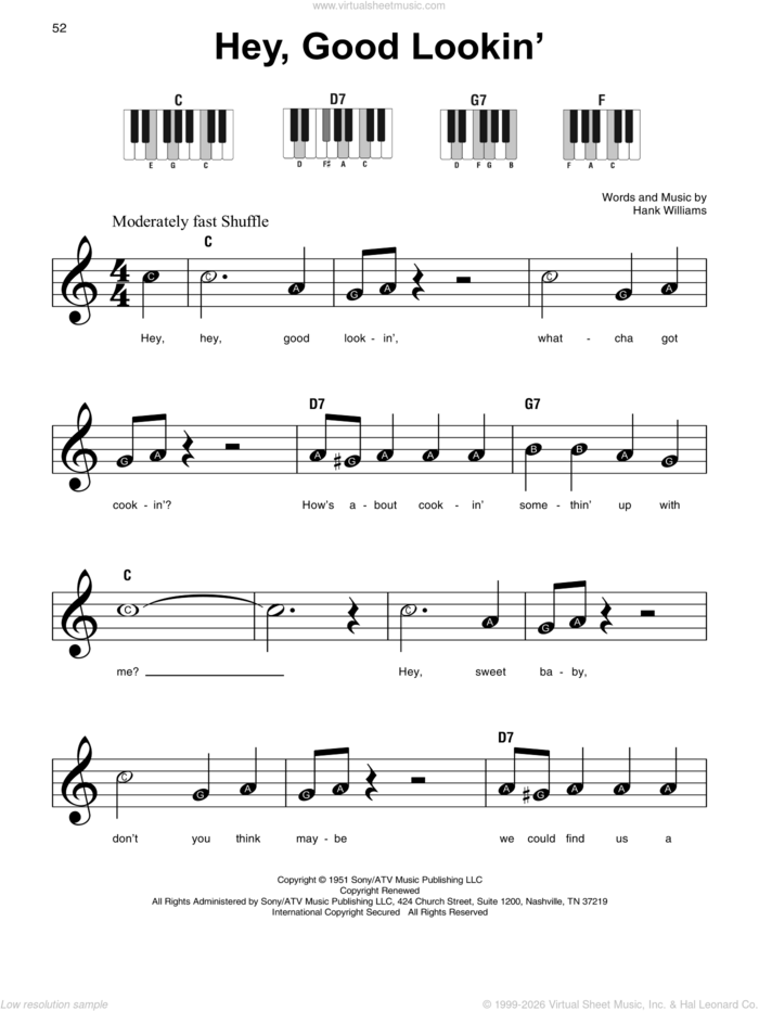 Hey, Good Lookin' sheet music for piano solo by Hank Williams, beginner skill level