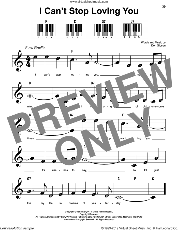 I Can't Stop Loving You sheet music for piano solo by Ray Charles, beginner skill level