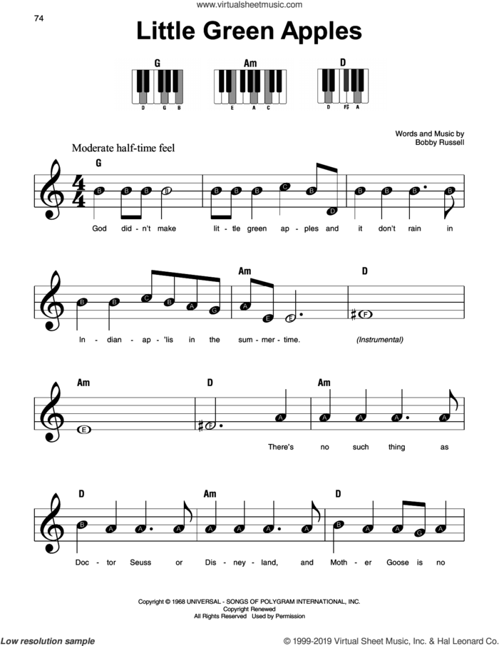 Little Green Apples sheet music for piano solo by Roger Miller and Bobby Russell, beginner skill level