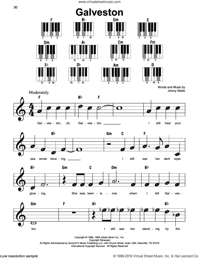Galveston, (beginner) sheet music for piano solo by Glen Campbell and Jimmy Webb, beginner skill level