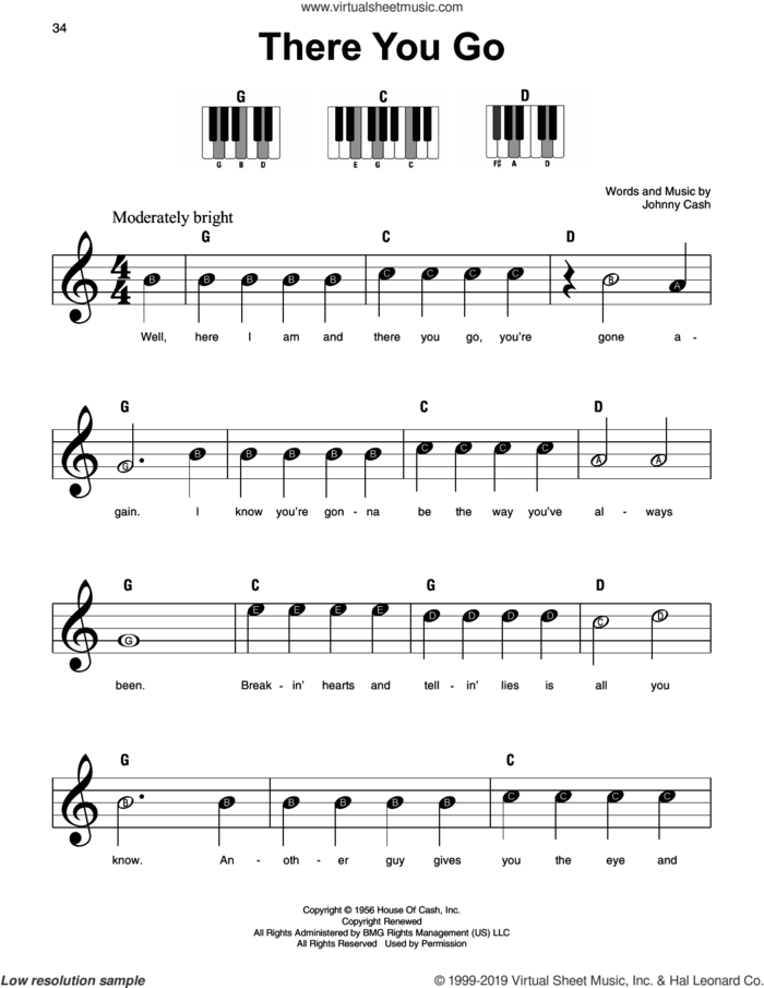 There You Go sheet music for piano solo by Johnny Cash, beginner skill level