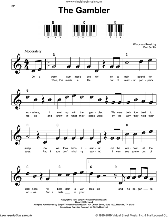 The Gambler sheet music for piano solo by Kenny Rogers and Don Schlitz, beginner skill level