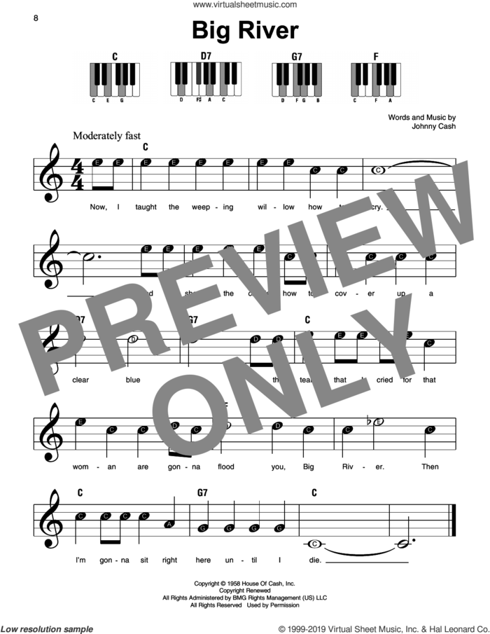 Big River sheet music for piano solo by Johnny Cash, beginner skill level