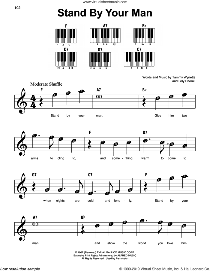 Stand By Your Man sheet music for piano solo by Tammy Wynette and Billy Sherrill, beginner skill level