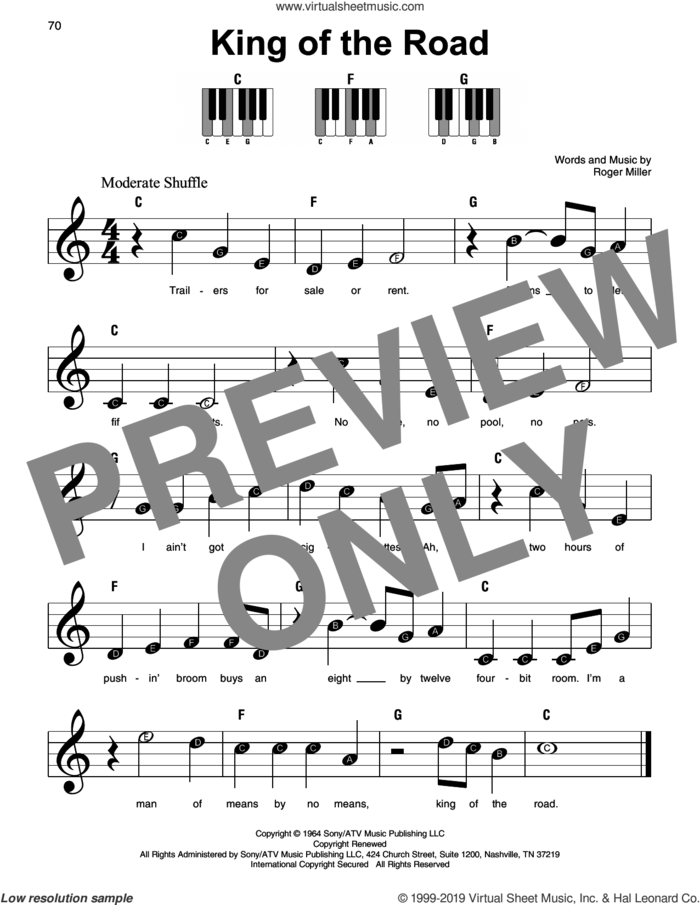 King Of The Road sheet music for piano solo by Roger Miller, beginner skill level