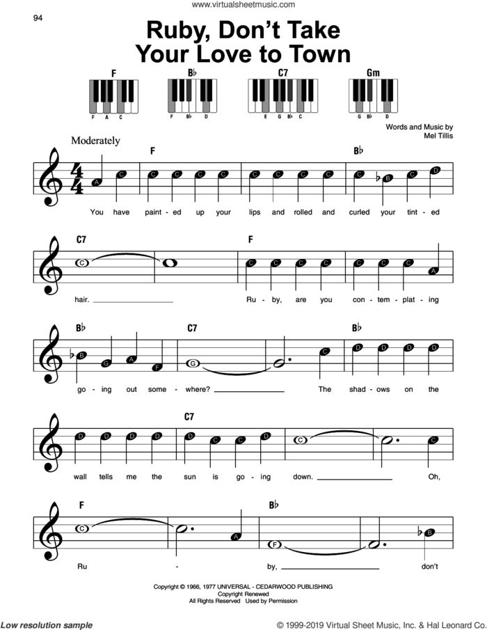 Ruby, Don't Take Your Love To Town sheet music for piano solo by Kenny Rogers and Mel Tillis, beginner skill level