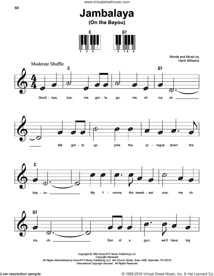 Jambalaya (On The Bayou), (beginner) (On The Bayou) sheet music for piano solo by Hank Williams, beginner skill level