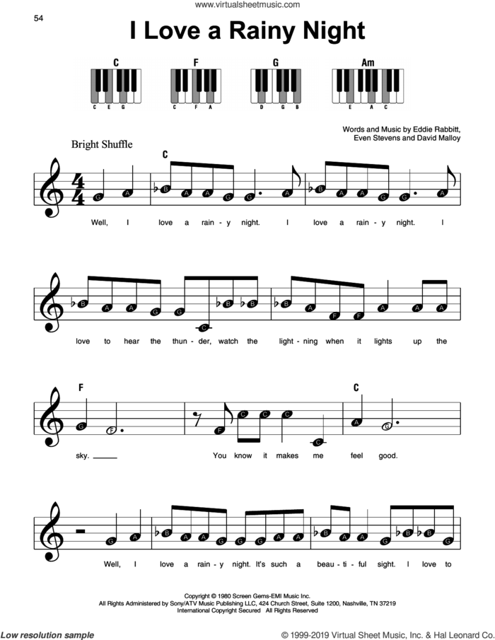 I Love A Rainy Night, (beginner) sheet music for piano solo by Eddie Rabbitt, David Malloy and Even Stevens, beginner skill level