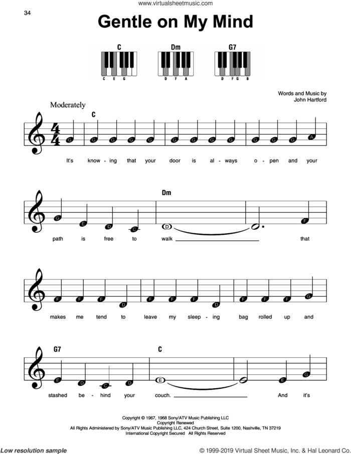 Gentle On My Mind sheet music for piano solo by Glen Campbell and John Hartford, beginner skill level
