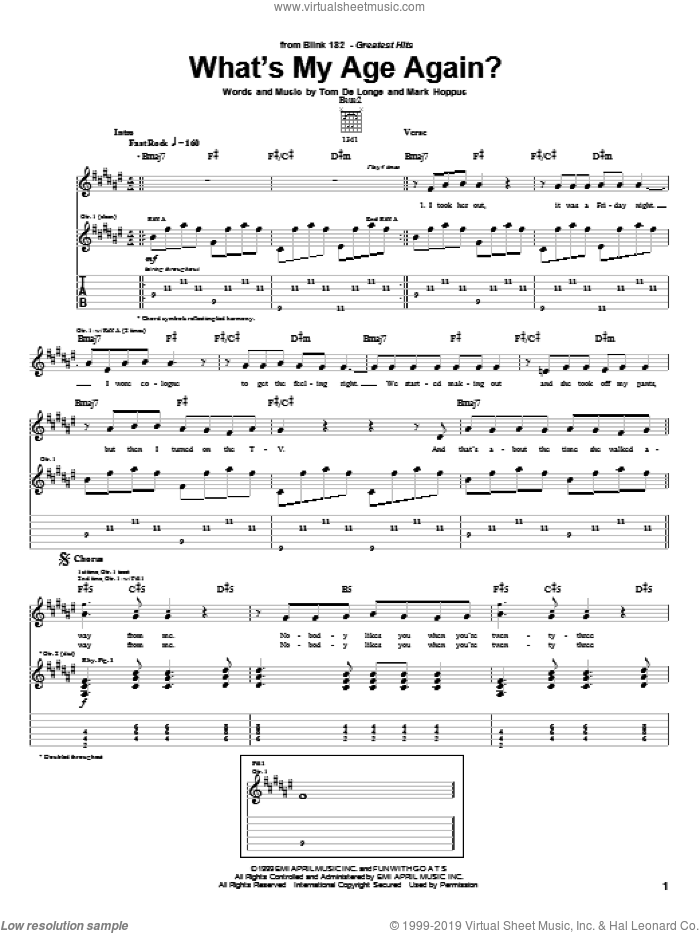 What's My Age Again? sheet music for guitar (tablature) by Blink-182, Mark Hoppus and Tom DeLonge, intermediate skill level
