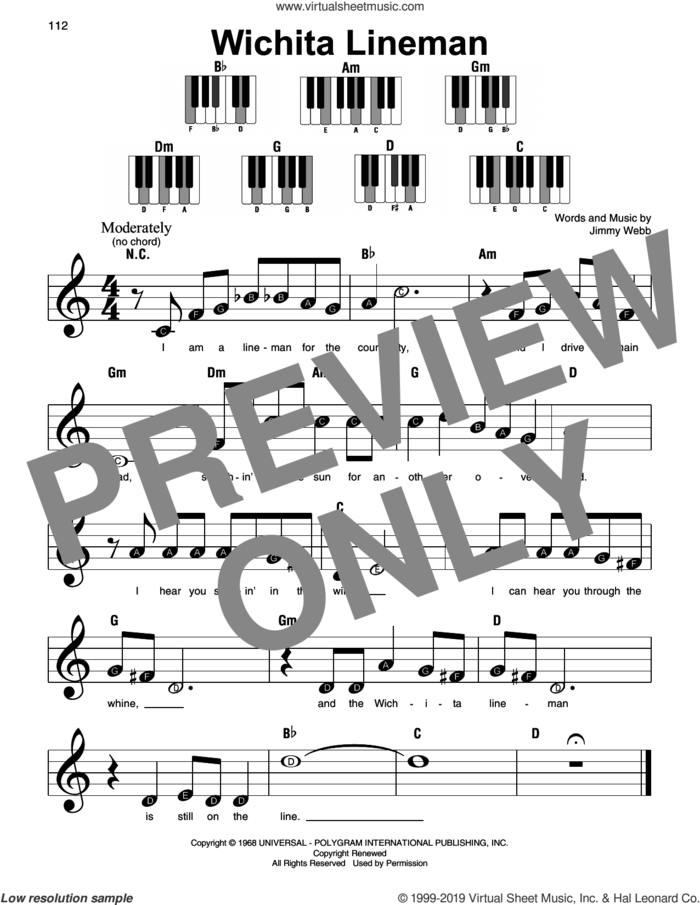 Wichita Lineman sheet music for piano solo by Glen Campbell and Jimmy Webb, beginner skill level