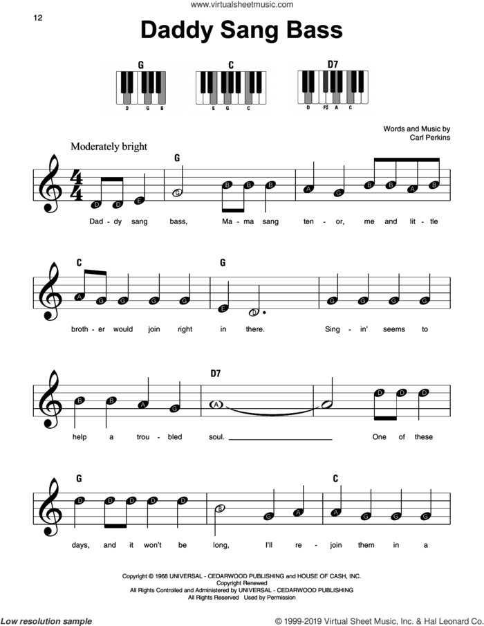 Daddy Sang Bass, (beginner) sheet music for piano solo by Johnny Cash and Carl Perkins, beginner skill level