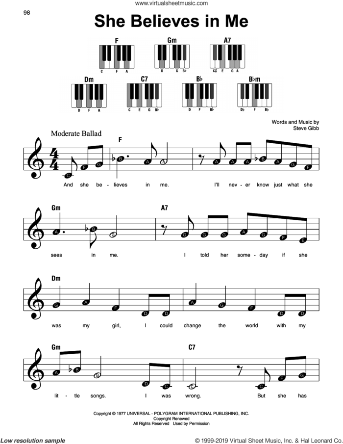 She Believes In Me sheet music for piano solo by Kenny Rogers and Steve Gibb, beginner skill level