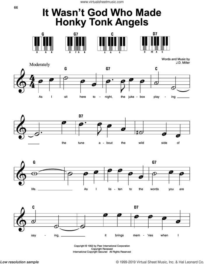 It Wasn't God Who Made Honky Tonk Angels sheet music for piano solo by Kitty Wells and J.D. Miller, beginner skill level