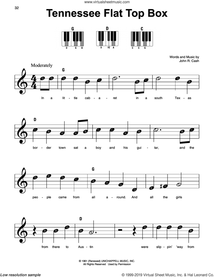 Tennessee Flat Top Box, (beginner) sheet music for piano solo by Johnny Cash and Rosanne Cash, beginner skill level