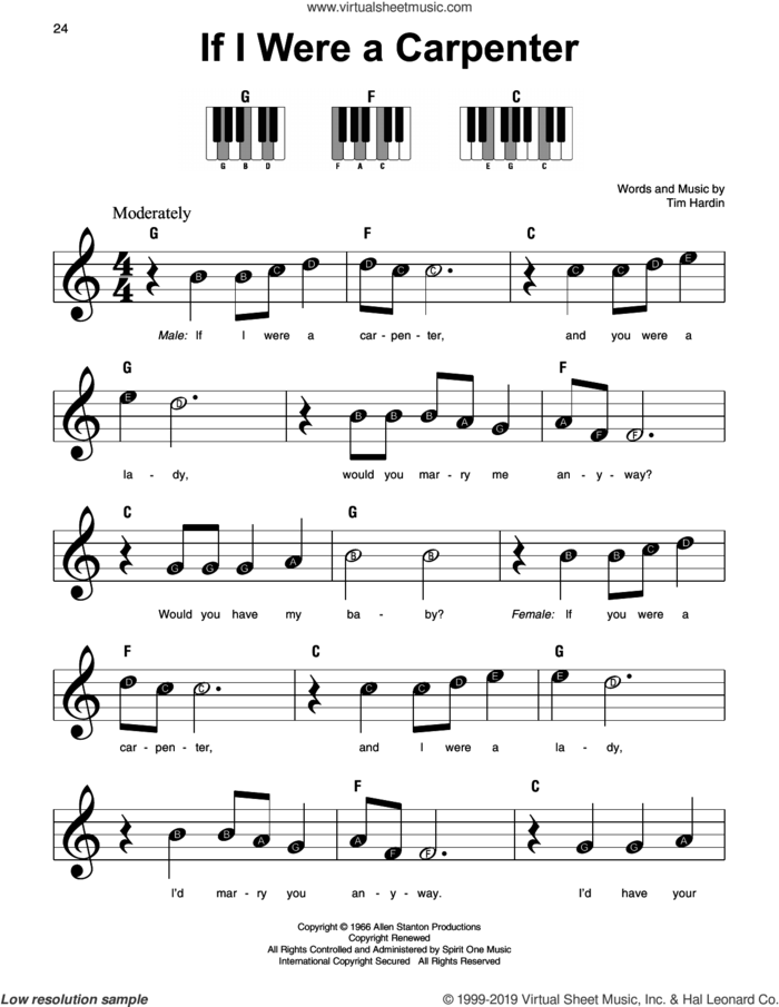 If I Were A Carpenter sheet music for piano solo by Johnny Cash & June Carter, Johnny Cash and Tim Hardin, beginner skill level