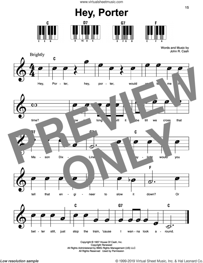 Hey, Porter sheet music for piano solo by Johnny Cash, beginner skill level