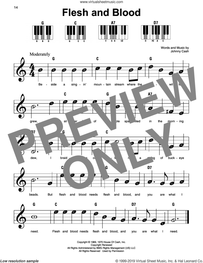Flesh And Blood sheet music for piano solo by Johnny Cash, beginner skill level