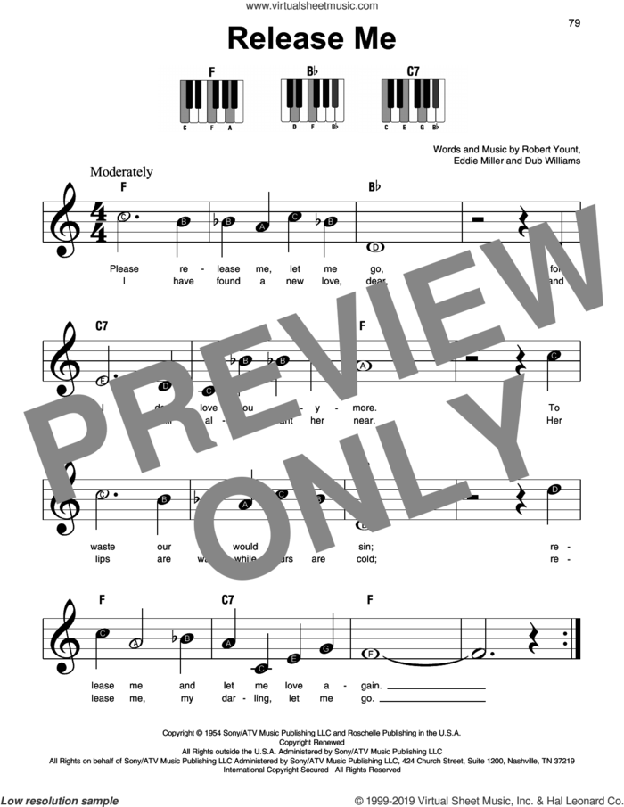 Release Me sheet music for piano solo by Engelbert Humperdinck, Dub Williams, Eddie Miller and Robert Yount, beginner skill level