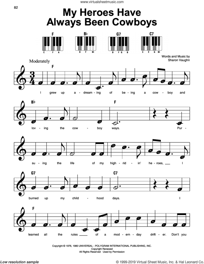 My Heroes Have Always Been Cowboys sheet music for piano solo by Willie Nelson and Sharon Vaughn, beginner skill level