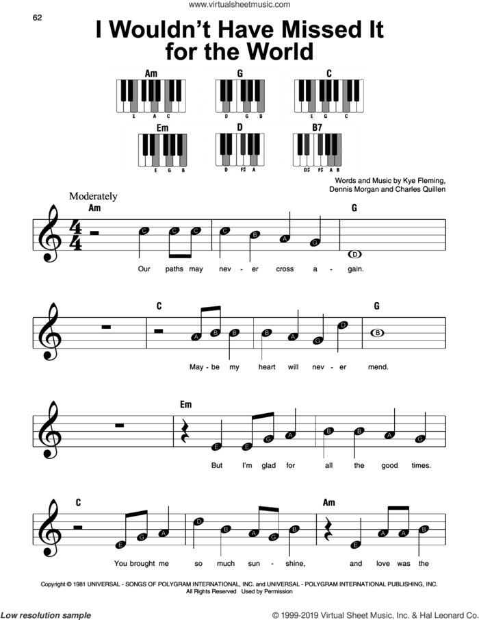 I Wouldn't Have Missed It For The World sheet music for piano solo by Ronnie Milsap, Charles Quillen, Dennis Morgan and Kye Fleming, beginner skill level