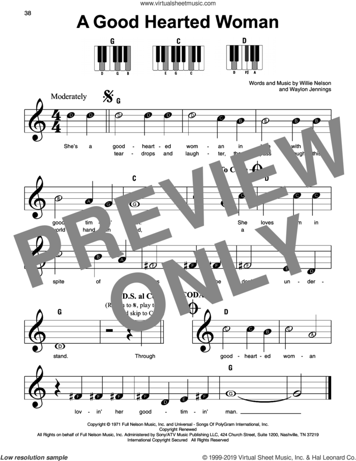 A Good Hearted Woman, (beginner) sheet music for piano solo by Willie Nelson and Waylon Jennings, beginner skill level