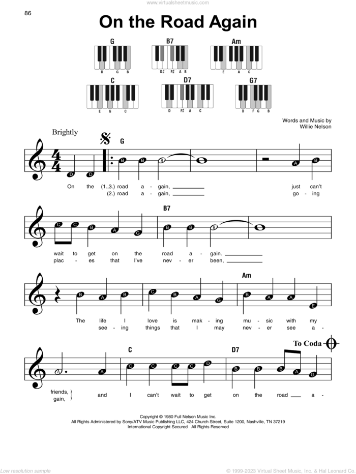 On The Road Again sheet music for piano solo by Willie Nelson, beginner skill level