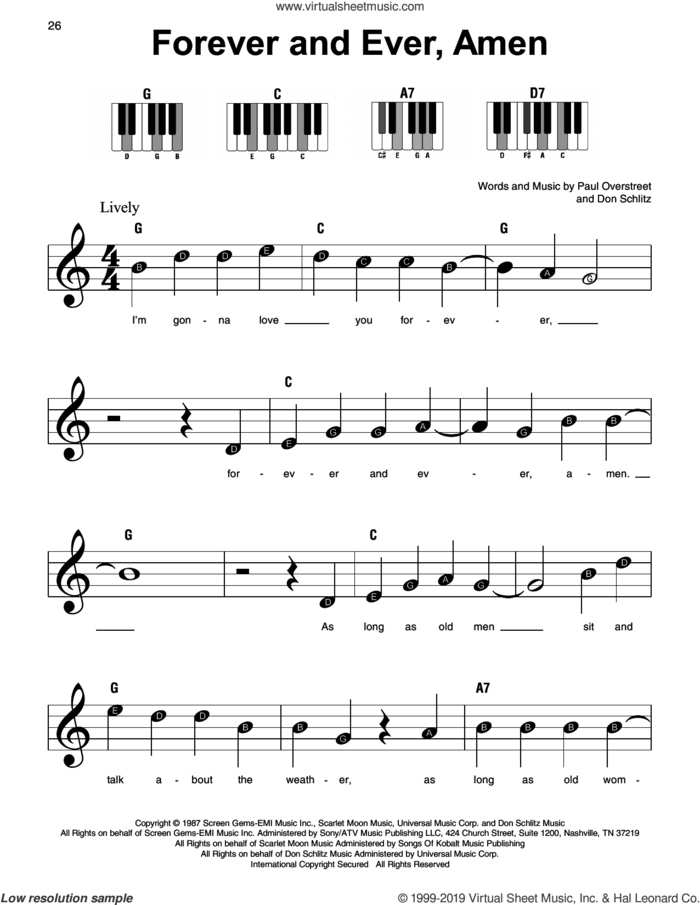 Forever And Ever, Amen sheet music for piano solo by Randy Travis, Don Schlitz and Paul Overstreet, beginner skill level