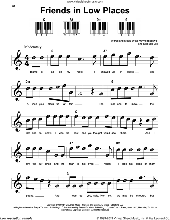 Friends In Low Places sheet music for piano solo by Garth Brooks, DeWayne Blackwell and Earl Bud Lee, beginner skill level