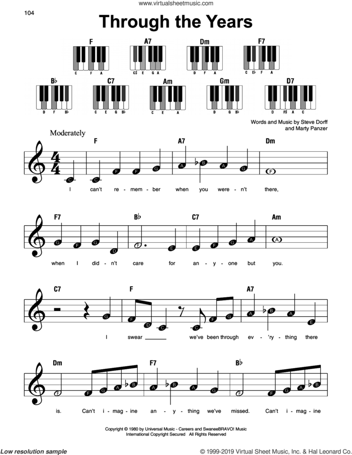 Through The Years, (beginner) sheet music for piano solo by Kenny Rogers, Marty Panzer and Steve Dorff, beginner skill level