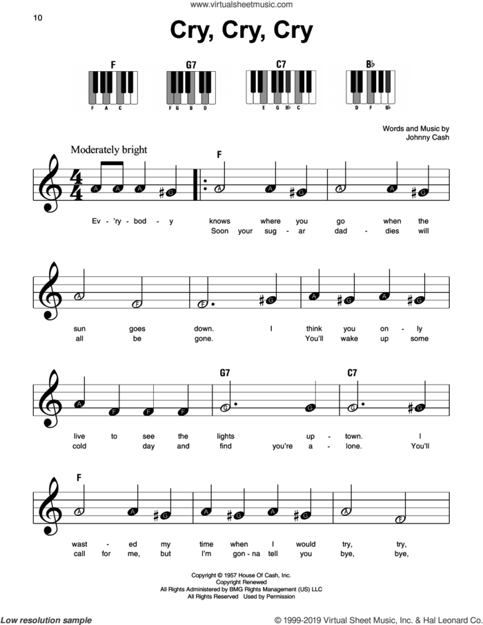 Cry, Cry, Cry sheet music for piano solo by Johnny Cash, beginner skill level