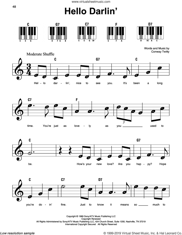 Hello Darlin' sheet music for piano solo by Conway Twitty, beginner skill level